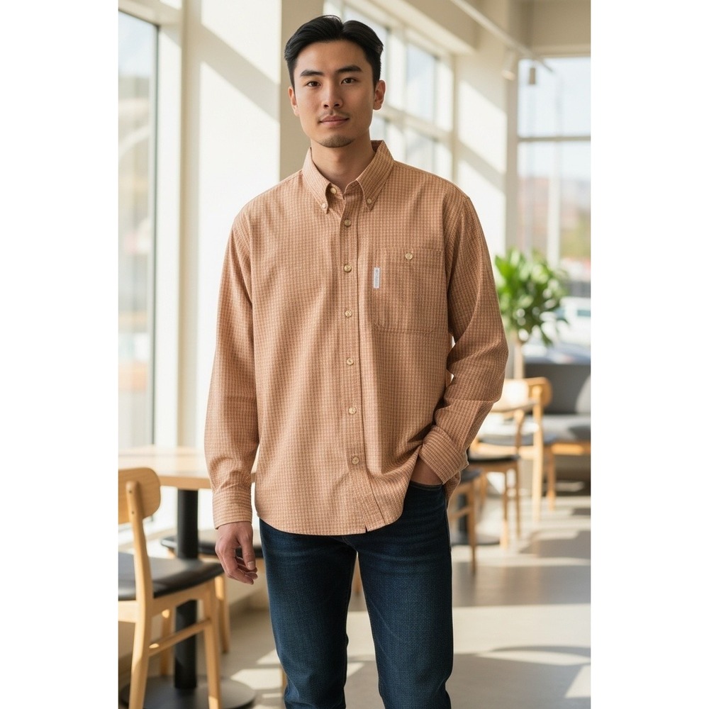 Columbia Sportswear Mens Medium Orange Grid Check Long Sleeve Button Down Shirt